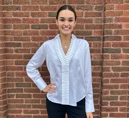 Hinson Wu Maya Long Sleeve Ribbon Ruffle Front Blouse in White Sophia Lustig