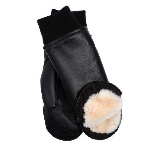 Echo - Zip-Top Leather Mittens with Faux Fur Lining in Cream
