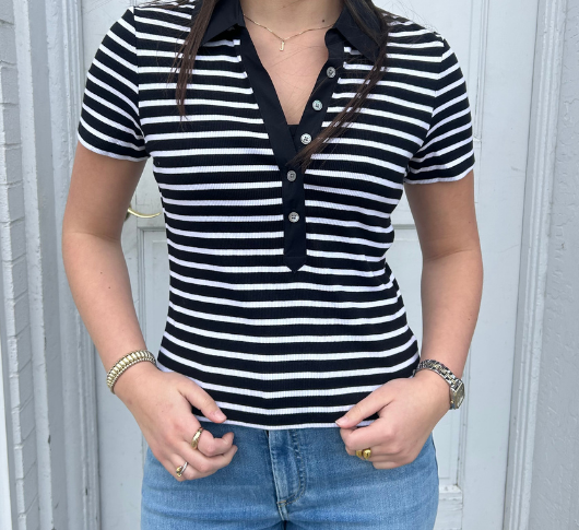 Veronica Beard - Kearney V-Neck Striped Polo Top in Black and