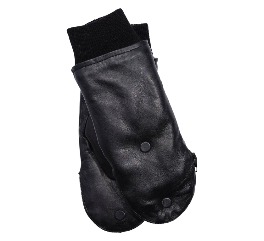 Echo - Zip-Top Leather Mittens with Faux Fur Lining in Black
