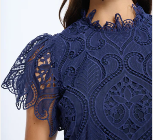 Shoshanna Norma Short Sleeve Lace Overlay Dress in Navy – Sophia