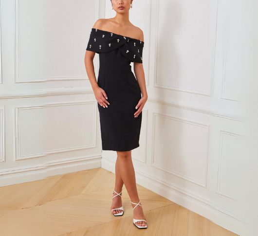 Teri Jon by Rickie Freeman Women's Bejeweled Crepe Off-The-Shoulder Cocktail Dress - Black - Size 8 Teri Jon by Rickie Freeman Women's Bejeweled Crepe Off-The-Shoulder Cocktail Dress - Black - Size 8