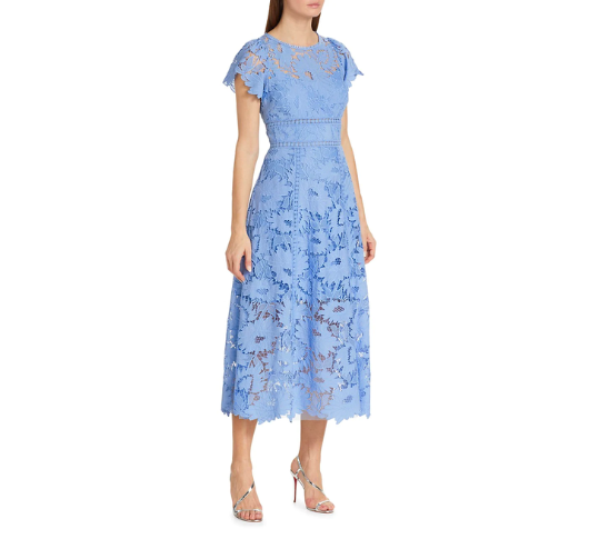ML Monique Lhuillier Lace Midi Dress in Delphinium Blue Sophia