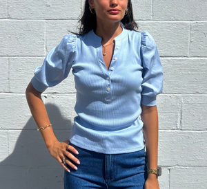 Veronica Beard - Mixed Fabric Top with Puffed Sleeves in Light Blue
