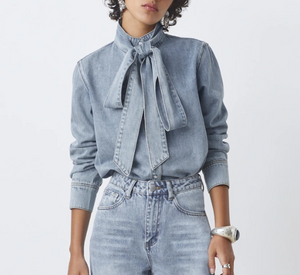 SUNCOO – Laos Denim Top with Neck Tie in Light Jean