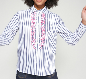 Vilagallo - Striped Ruffle Blouse in Navy and White