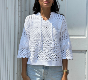 Repeat - Crochet V-Neck Top with 3/4 Sleeves in White