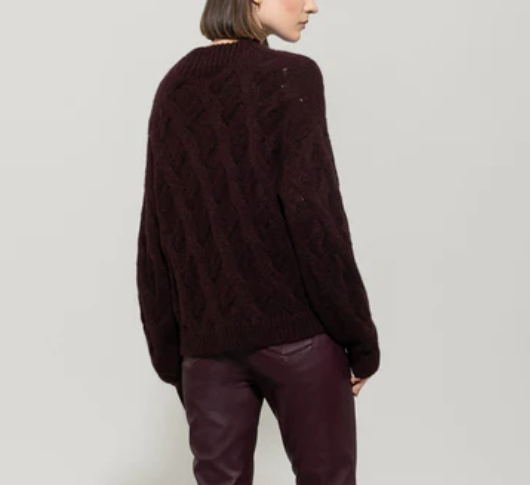 Luisa Cerano – Mock Neck Cable Knit Sweater in Burgundy