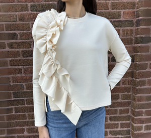 Psophia - Multi Ruffle Side Long Sleeve Top in Ivory