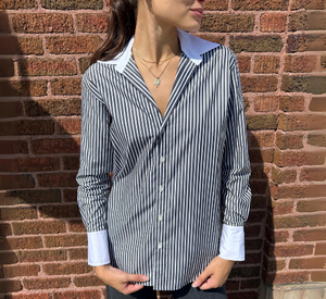 Elliot Lauren - Stripe Button Up Blouse with White Collar in Black and White