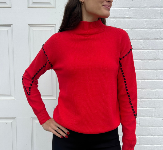 Elliott Lauren - Mock Neck Cross Stitch Sweater in Red and Black