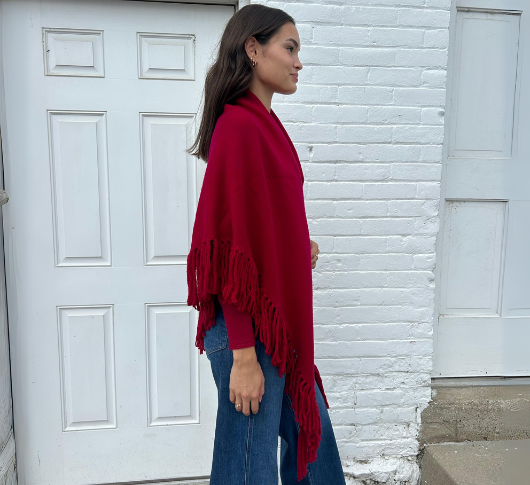 Repeat Cashmere - Wool Cashmere Wrap with Fringe in Ruby