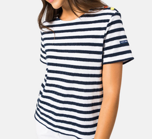 Saint James - Short Sleeve Tee with Bouclé Stripes and Shoulder Buttons in White and Marine