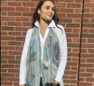 Kinross Cashmere - Palm Print Scarf in Surf