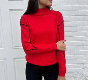 Elliott Lauren - Mock Neck Cross Stitch Sweater in Red and Black