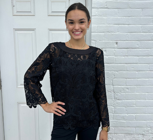 Hinson Wu - Blakely Long Sleeve Lace Boat Neck Top in Black