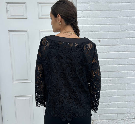 Hinson Wu - Blakely Long Sleeve Lace Boat Neck Top in Black