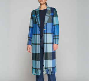 Vilagallo - Wool Blend Plaid Coat with Fringe in Azul