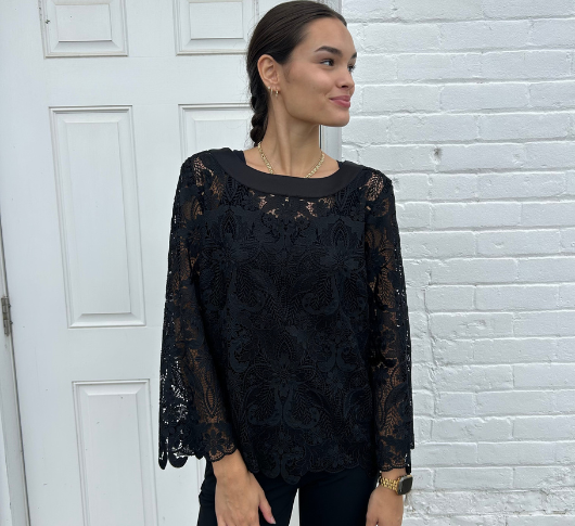 Hinson Wu - Blakely Long Sleeve Lace Boat Neck Top in Black