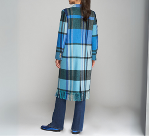 Vilagallo - Wool Blend Plaid Coat with Fringe in Azul