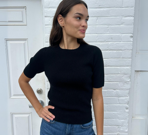 Repeat Cashmere - Short Sleeve Ribbed Cashmere Sweater in Black