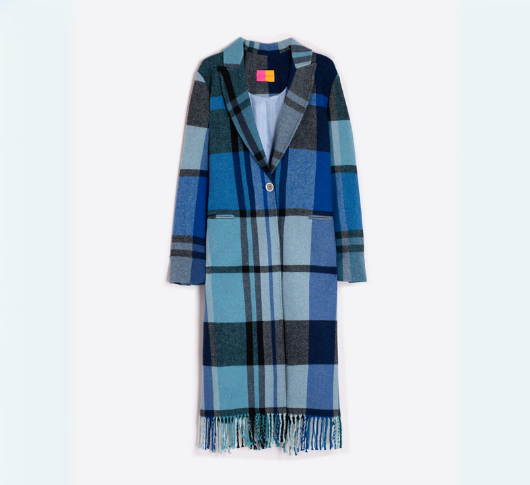 Vilagallo - Wool Blend Plaid Coat with Fringe in Azul