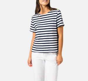 Saint James - Short Sleeve Tee with Bouclé Stripes and Shoulder Buttons in White and Marine