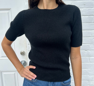 Repeat Cashmere - Short Sleeve Ribbed Cashmere Sweater in Black