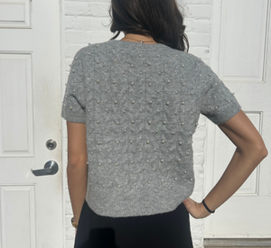 Drew - Eloise Short Sleeve Cable Knit Sweater with Pearls in Light Grey