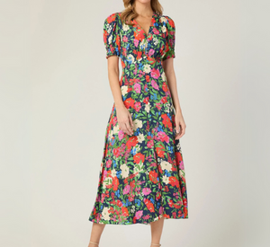 Shoshanna - Bryson Multicolor Floral Print Short Sleeve Silky Dress