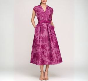 KAY UNGER - Brigid Tea Length Dress with Floral Design in Dark Purple