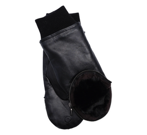 Echo - Zip-Top Leather Mittens with Faux Fur Lining in Black