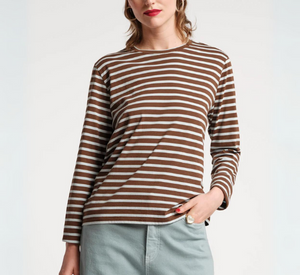 Frances Valentine - Long Sleeve Cotton Stripe Top in Chocolate and Light Blue