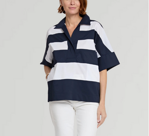 Hinson Wu - Cindy Short Sleeve Colorblock Cotton Top in Navy/White