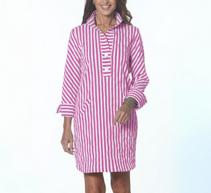 J'ENVIE - Striped Collared Button Dress in Petal and White