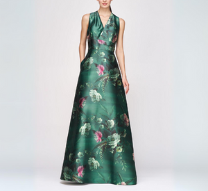 Kay Unger - Rosalind Sleeveless V Neck Floral Print Gown in Lite Emerald