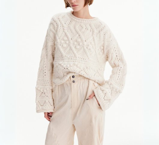 Theo - Rhodos Fisherman Cable Flare Sleeve Sweater in Ivory