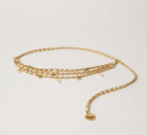 B-Low the Belt - Madelyn Chain Belt with Leather and Pearls in Bone Gold