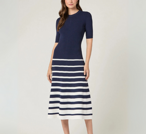 Shoshanna - Casey Short Sleeve Ribbed Striped Dress in Navy and Ivory