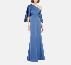 Theia - Kia Cape Bodice Satin Fit and Flare Gown in Celeste