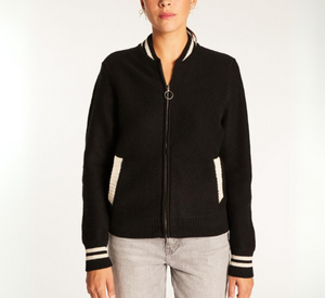 Maison Montagut - Rabia Zip Baseball Cardigan in Black and Ecru