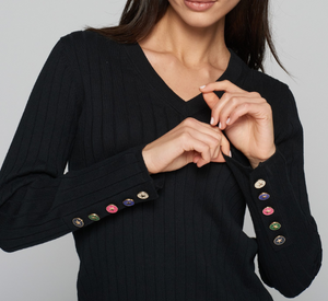 Vilagallo - Star Button Cuff V-Neck Sweater in Black