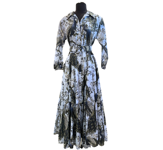Samantha Sung - Aster Collared Midi Dress in Blue Belevdere Peacock Print