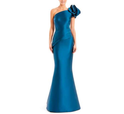 Daymor - Asymmetric Pleated N°1673 Mermaid Gown in Teal Blue