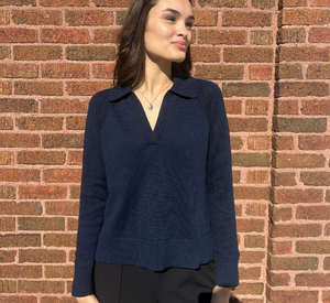 Kinross Cashmere - Split Neck Polo Sweater in Navy