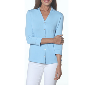 E.L.I - Knit Button Down Collared Top in Sky