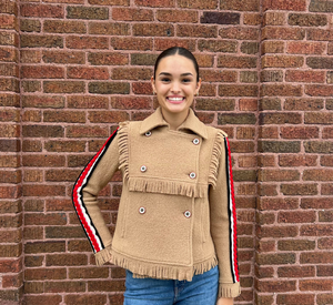 Tricot Chic - Wool Fringe Jacket in Beige and Red