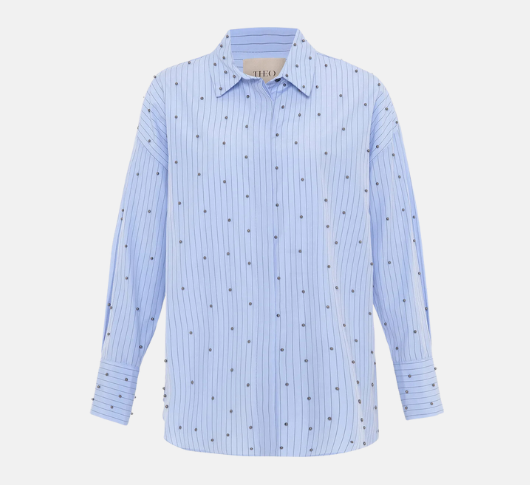 Theo - Echo Striped Button Down with Ball Studs in Sky Blue and Gunmetal