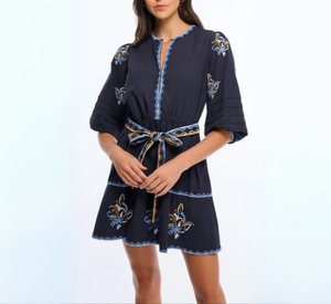 Shoshanna - Barkley 3/4 Puff Sleeve Embroidered Dress in Navy Multi