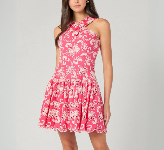 Shoshanna - Lottie Twist Neck Eyelet Dress in Raspberry